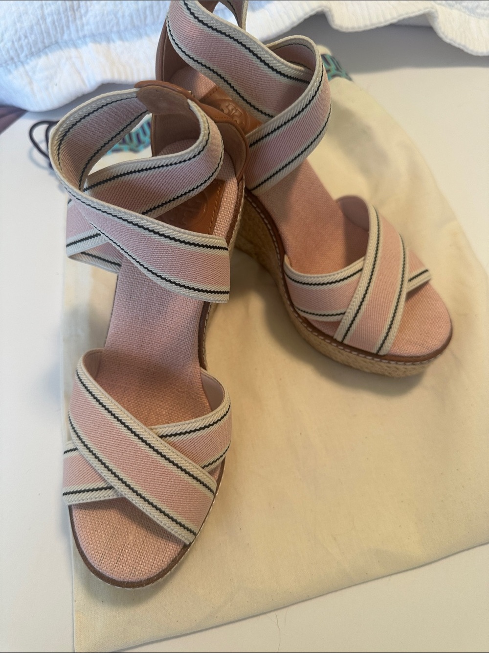 Tory Burch Pink Striped Canvas Wedge Sandals with Ankle Wrap